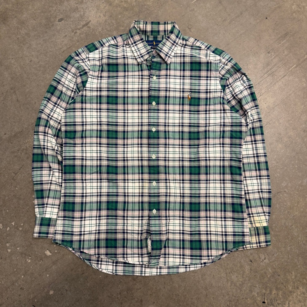 Polo Ralph Lauren Mens Large Classic Fit Plaid Button Down Shirt Green Navy Pink